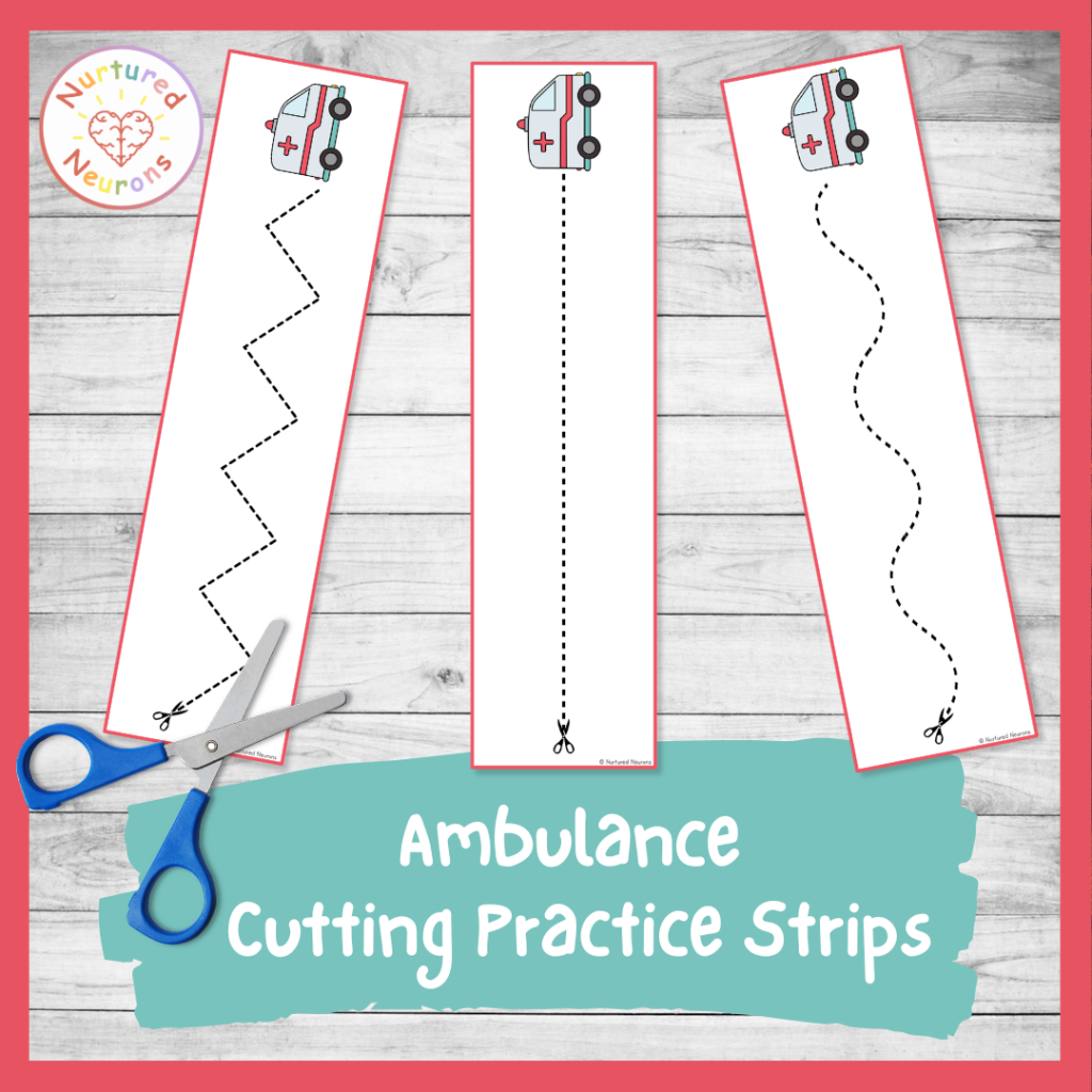 Preschool hospital themed cutting practice strips - printable kindergarten doctor cutting sheet