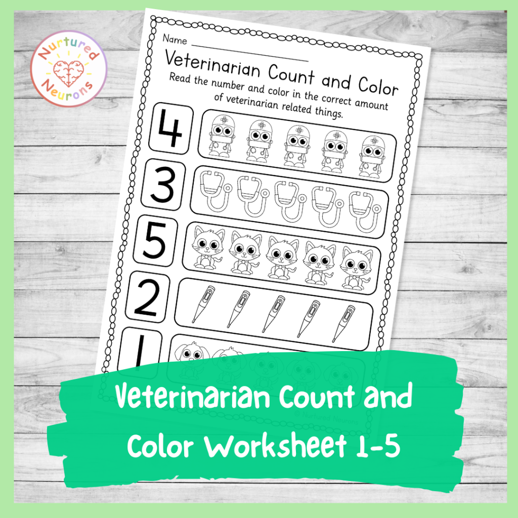 Preschool vet's count and color worksheet 1 - 5 - printable kindergarten math sheet for community helper topic