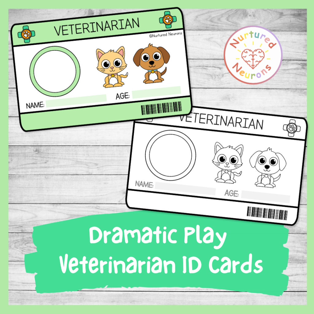 Printable Veterinarian ID cards for dramatic play - kids role play vets community helper badges templates