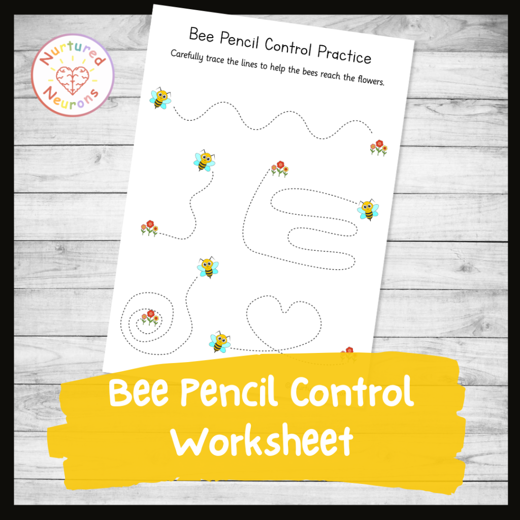 Printable bee themed pencil control practice worksheet for kids - minibeast themed early writing sheet for preschool