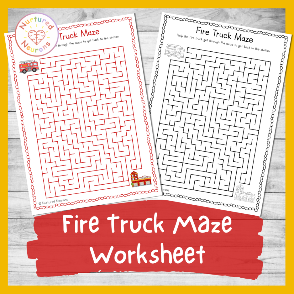 Printable fire truck maze worksheet - preschool and kindergarten pencil control and problem solving
