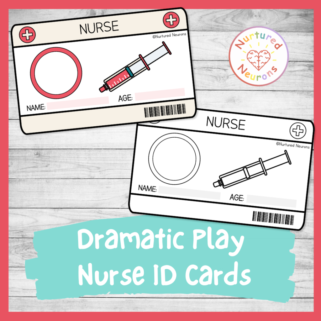 Printable nurse ID cards for dramatic play - kids role play hospital community helper badges templates
