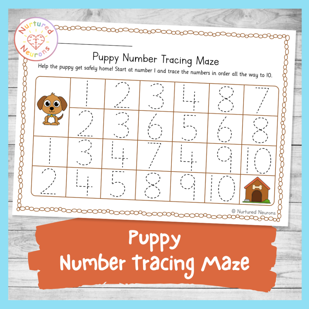 cute printable puppy maze for kindergarten and preschool - trace the numbers in order from one to ten with a pet theme