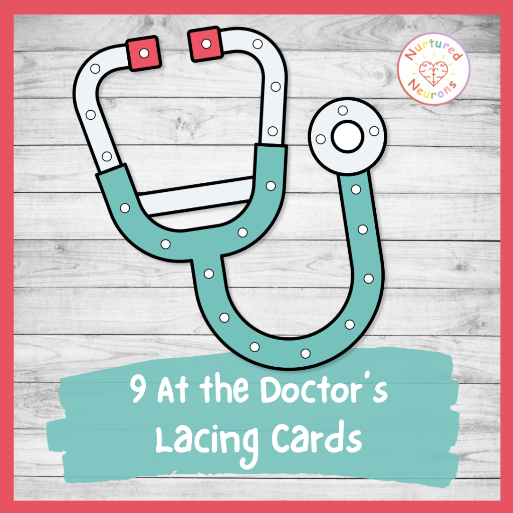 printable Kindergarten doctor threading cards for fine motor development - simple printable fine motor center for community helper theme
