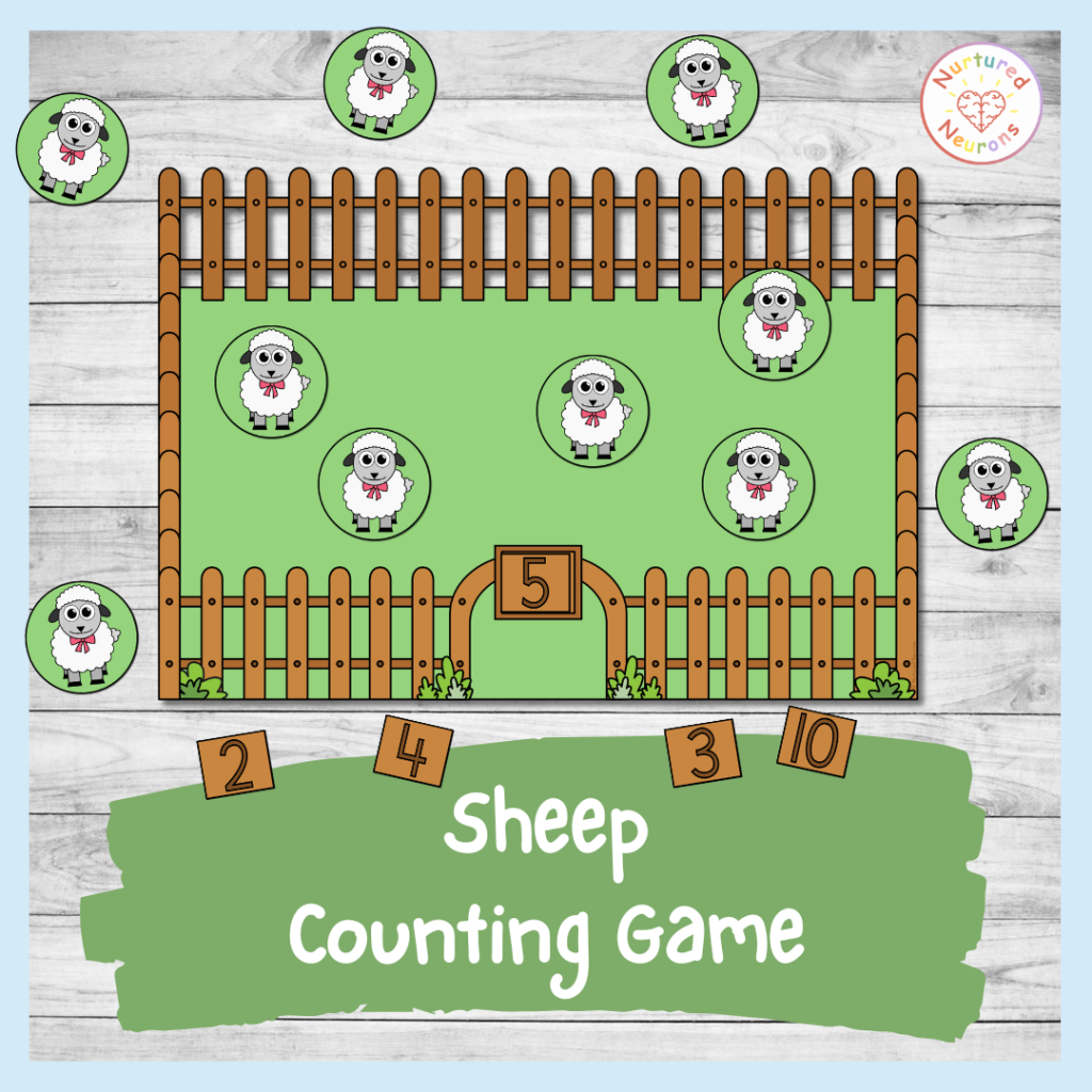 sheep counting to ten game for preschool and kindergarten Math center for kids with a farm animal theme - hands on math center activity