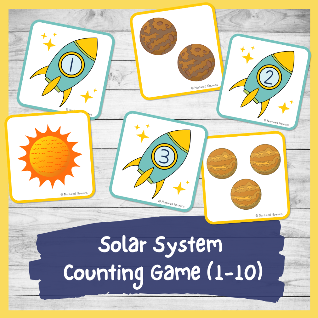 space themed counting game - preschool and kindergarten printable solar system math center activity