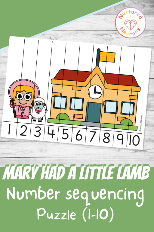 Mary Had A Little Lamb number sequencing puzzle 1-10 with a nursery rhyme theme - preschool and kindergarten math printable pdf