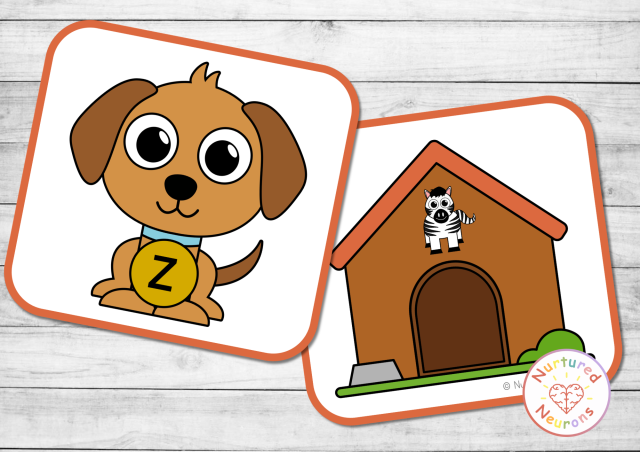 Printable pet themed beginning sounds matching game for preschool and kindergarten - puppy phonics activity