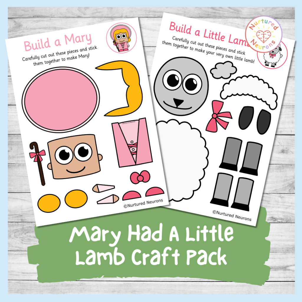 Cut and paste Mary Had A Little Lamb character crafts - simple DIY nursery rhyme cut and stick activity for kids