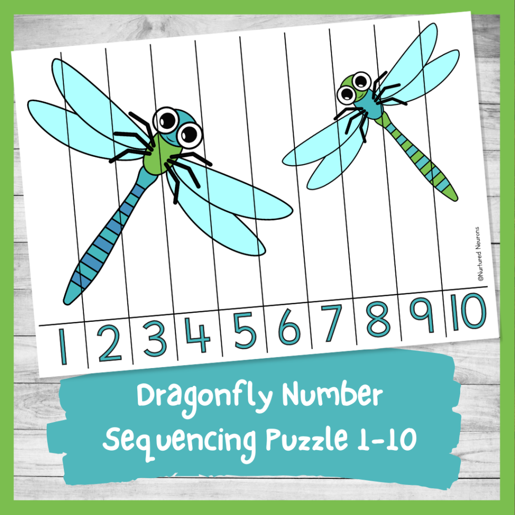 Dragonfly number sequencing puzzle 1 to 10 - minibeasts and insect week theme kindergarten printable counting sheet