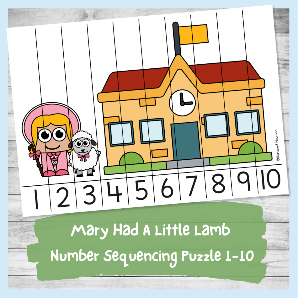Mary Had A Little Lamb number sequencing puzzle 1 to 10 - nursery rhymes theme kindergarten printable counting sheet