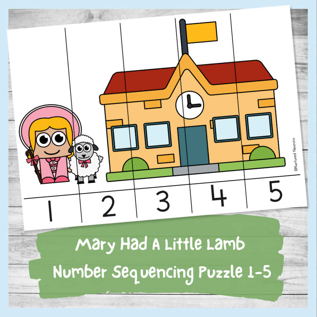 Mary Had A Little Lamb number sequencing puzzle 1 to 5 - nursery rhymes theme kindergarten printable counting sheet