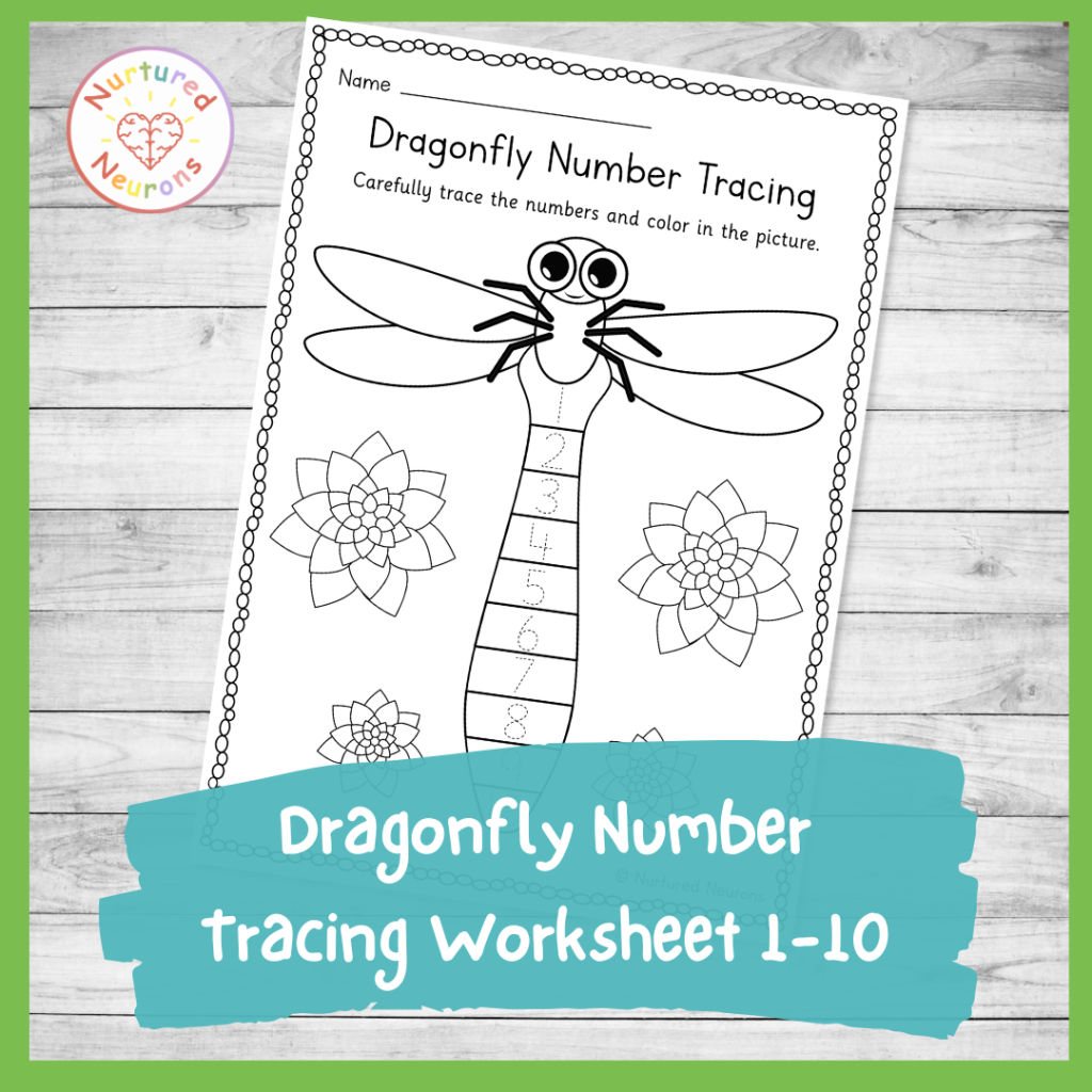 Preschool insect theme number tracing worksheet 1-10 - printable kindergarten math sheet for dragonfly and wildlife topic