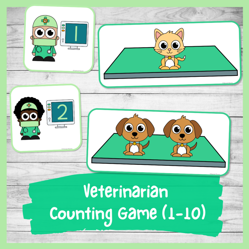 animal hospital themed counting game - preschool and kindergarten printable veterinarian math center activity