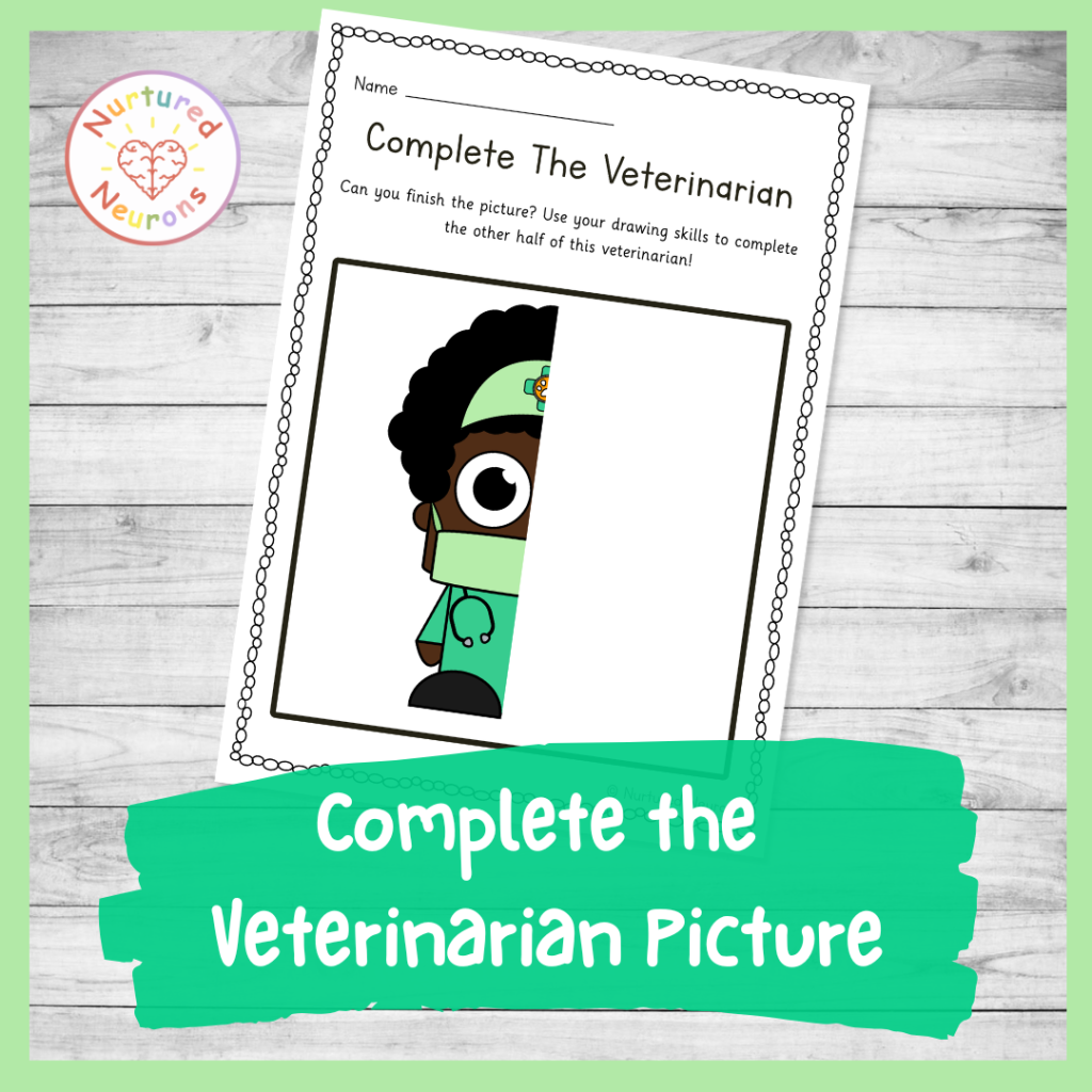 complete the Veterinarian picture - community helper themed drawing worksheet for preschool and kindergarten and first grade