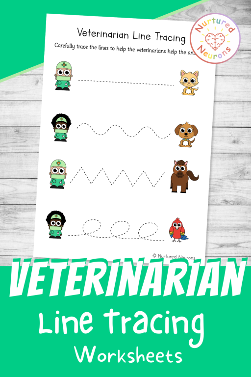 Veterinarian themed line tracing - writing practice for preschool and kindergarten for pets topics