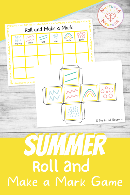 Printable summer themed mark making game for kids - pre writing roll and mark make game for preschool and nursery, toddlers and daycare -