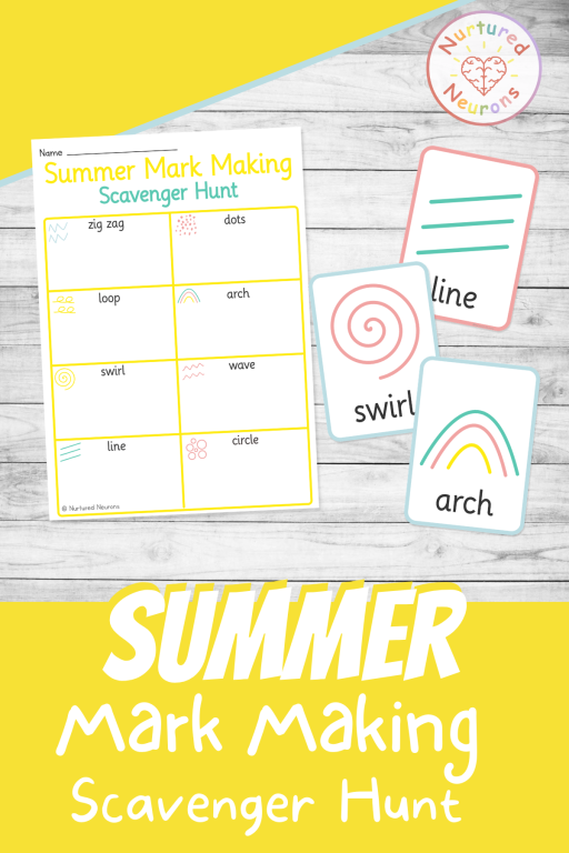 Summer mark making scavenger hunt for preschool - printable hide and find cards with pre-writing checklist