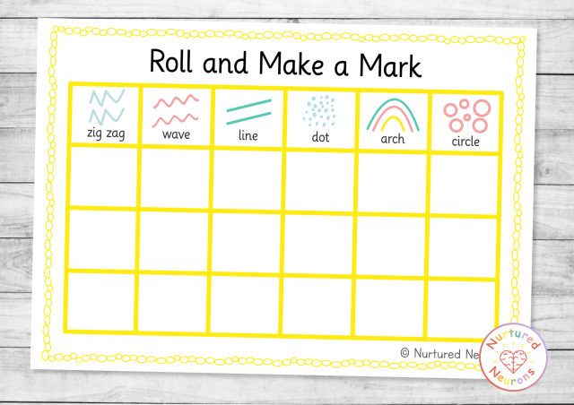 Printable mark making dice game for young learners - pre-writing strokes and fine motor practice