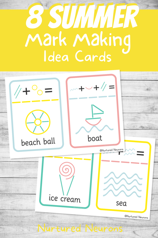 Printable summer themed mark making idea cards for prewriting inspiration - use different marks to make simple pictures - daycare, nursery and preschool resource