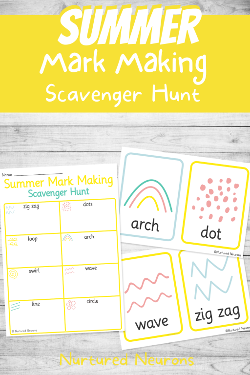 Printable summer themed mark making scavenger hunt for kids - pre writing resources for preschool and nursery, toddlers and daycare -