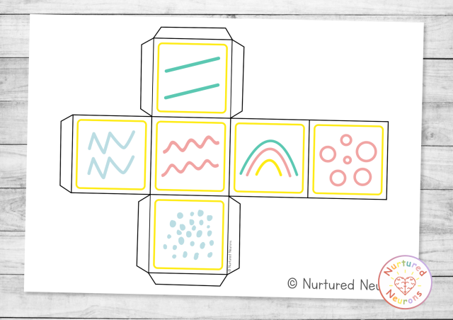 Roll and make a mark dice game for preschool - printable pre-writing dice and recording sheet