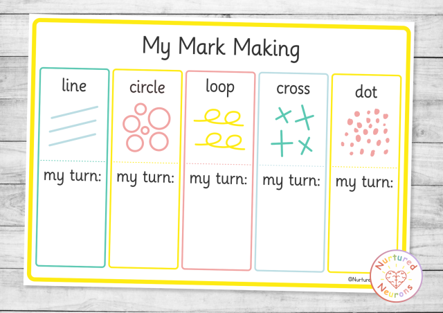 Printable mark making practice pages - copy ten pre-writing strokes for early handwriting and fine motor skills