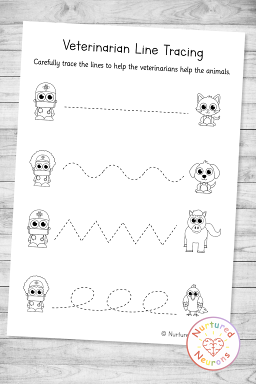 black and white vets and pets tracing sheet for kids - animal doctor topic for coloring