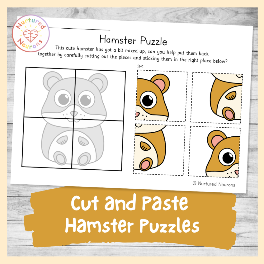 Cut and Paste hamster Puzzles (preschool and kindergarten pet day theme worksheet)