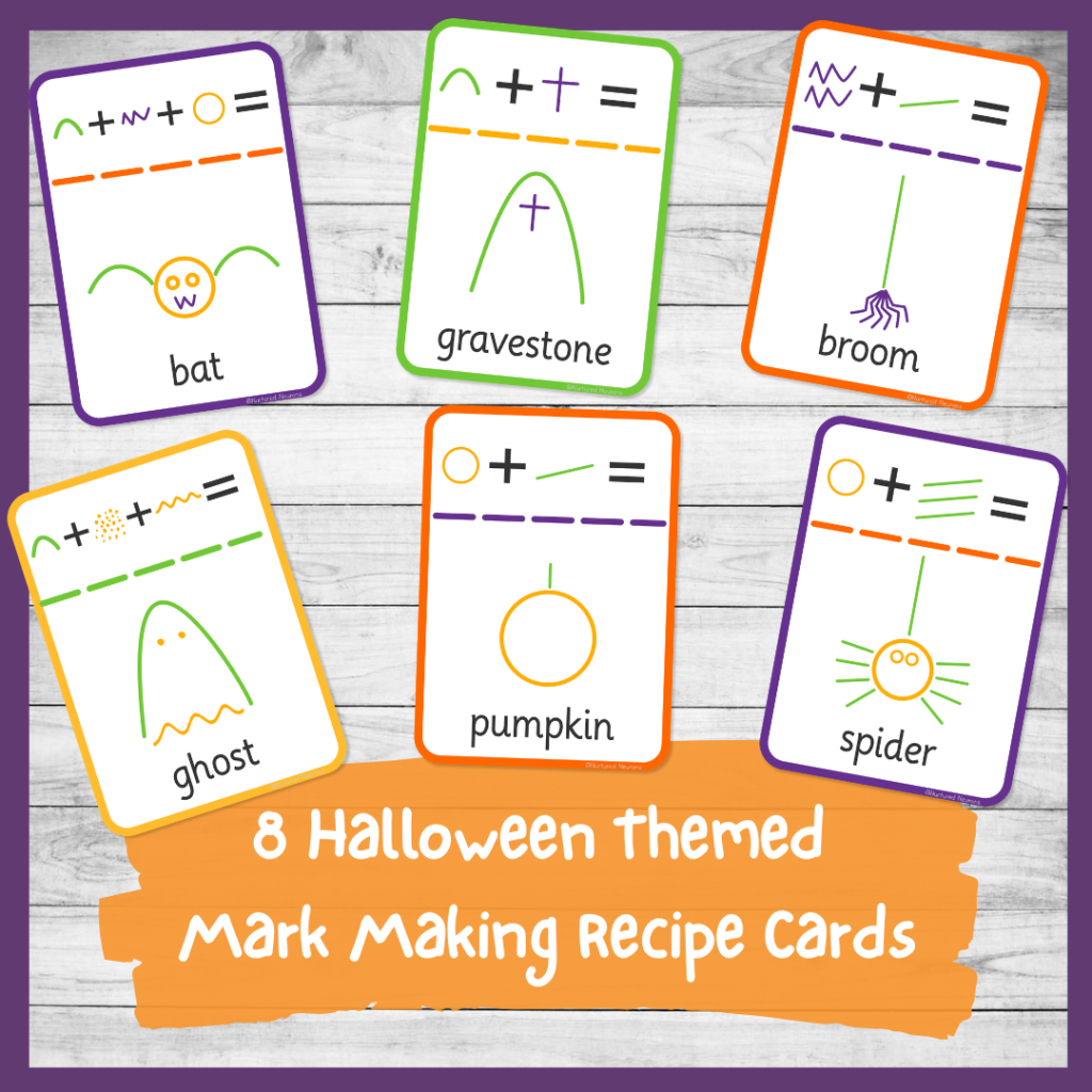 Halloween themed mark making recipe cards - use to make simple pictures - preschool writing resource