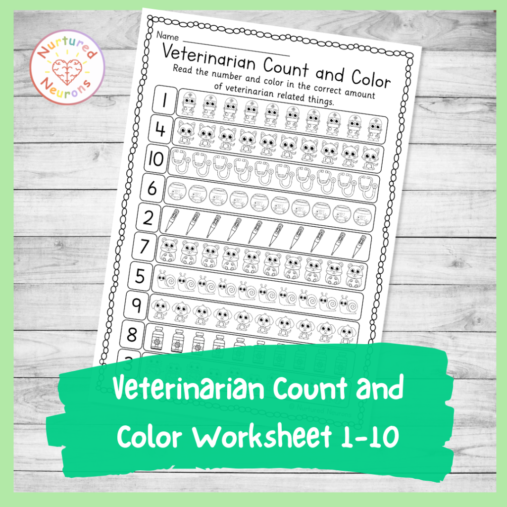 Preschool vet's count and color worksheet 1 - 10 - printable kindergarten math sheet for community helper topic
