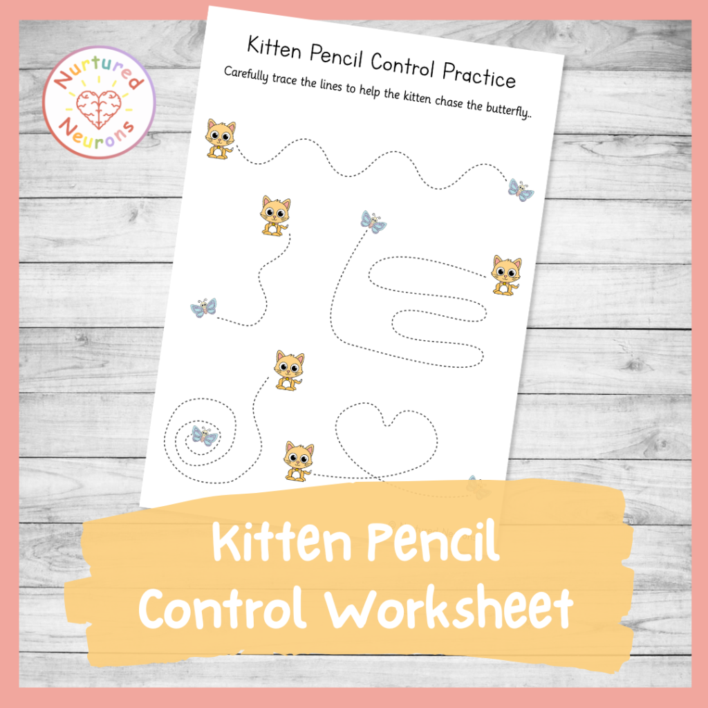 Printable kitten themed pencil control practice worksheet for kids - baby animal themed early writing sheet for preschool