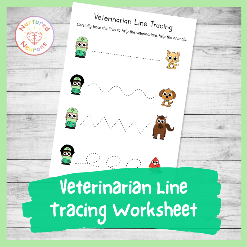 Veterinarian pencil skills practice worksheet for kids - community helpers themed early writing sheet for preschool