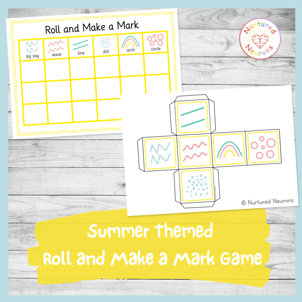summer themed mark making game - preschool writing dice game - printable writing practice pages