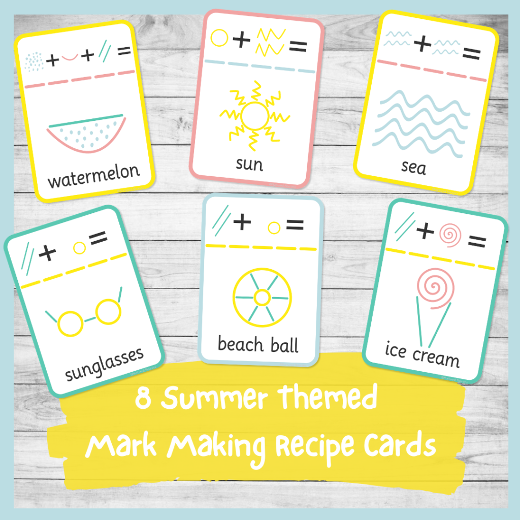 summer themed mark making recipe cards - use to make simple pictures - preschool writing resource