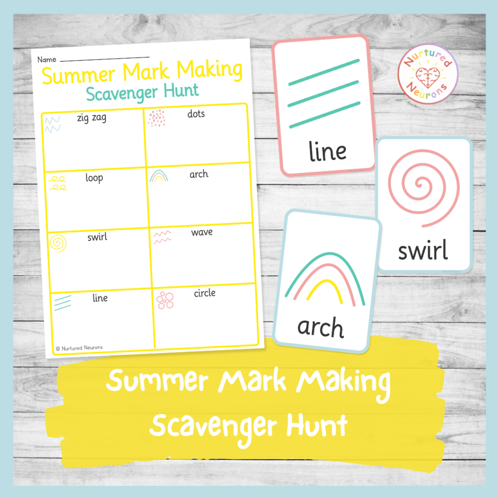 summer themed mark making scavenger hunt - preschool writing resource - printable writing practice game