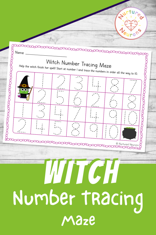number maze for kindergarten - trace the numbers one to ten with a witch potion theme - printable maze worksheets
