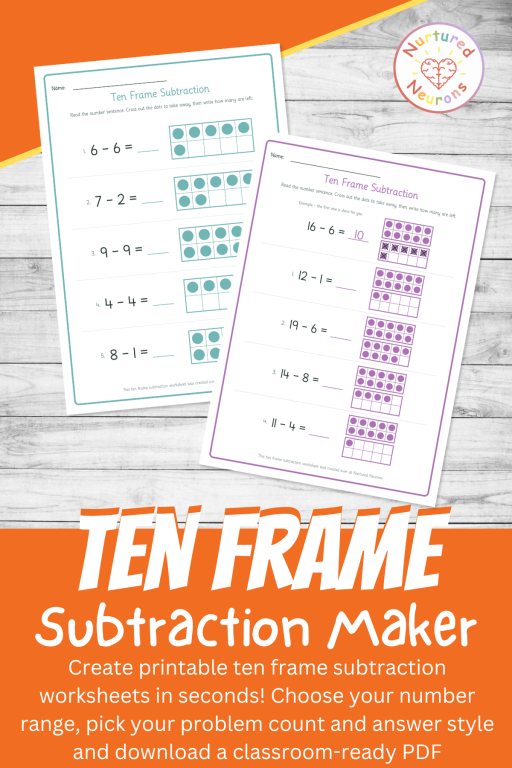 ten frames subtraction worksheet creator - printable custom pdf - count the ten frames, fill in the answer and write the number sentences