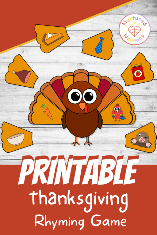 printable turkey rhyme game - match the rhyming Thanksgiving pictures