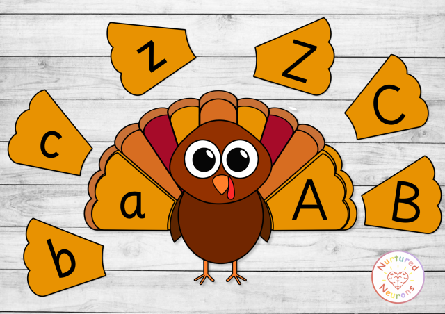 Turkey letter matching game for preschool and kindergarten - printable Thanksgiving uppercase and lowercase alphabet activity