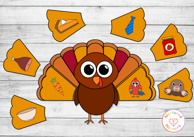 Printable turkey rhyming game for preschool and kindergarten - Thanksgiving phonics activity with rhyming picture feathers