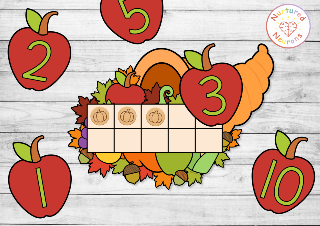 Fill the cornucopia ten frame counting game for preschool - printable Thanksgiving math center with apple number cards