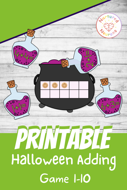 printable halloween ten frame game for preschool and kindergarten - addition to ten and fill the cauldron