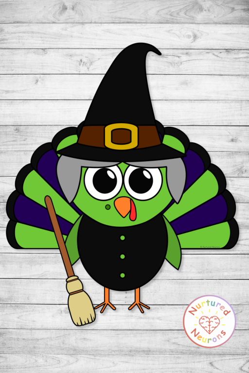 Witch turkey disguise craft for preschool and kindergarten - printable Halloween cut and paste fine motor activity