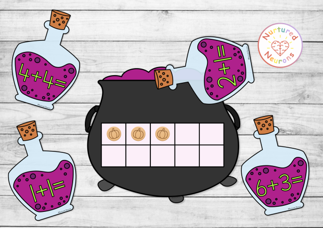 Halloween cauldron addition mat for first grade - hands-on adding within 10 and part-part-whole activity