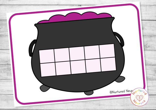 Fill the cauldron ten frame addition game for kindergarten - printable Halloween math center with potion number sentence cards