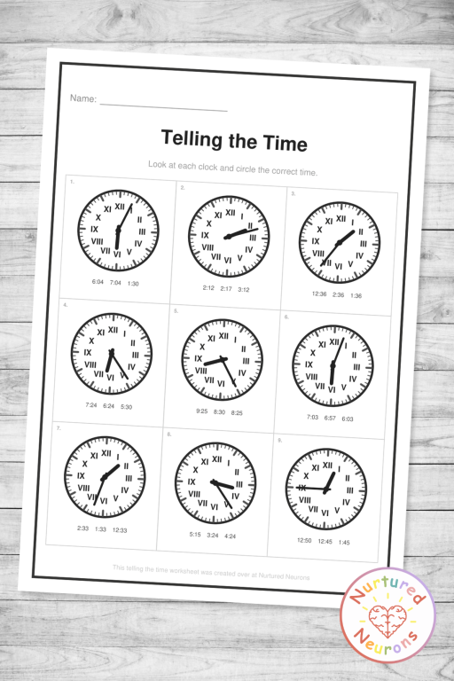 Telling time worksheet with nine analog clocks, color-coded hour and minute hands, and digital answer boxes