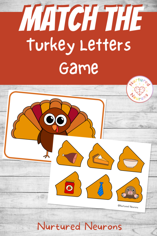 printable letter matching game for kids with a Thanksgiving theme - match the turkey feathers