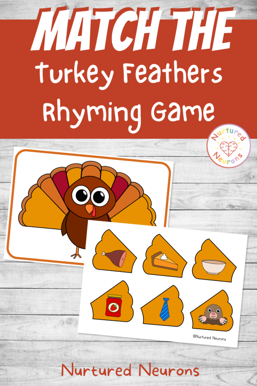 printable rhyme matching game for kids with a Thanksgiving theme - match the turkey feathers