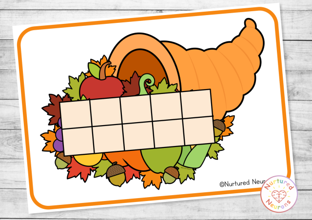 Cornucopia ten frame mat for kindergarten - hands-on fall counting and number sense activity